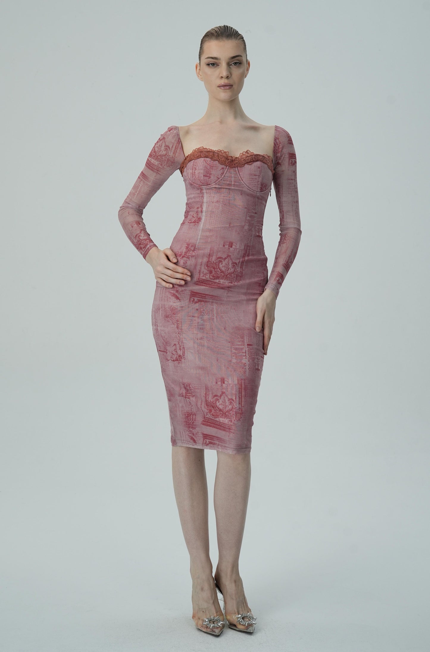 Gül Baskılı Uzun Kollu Bodycon Elbise Siaora
