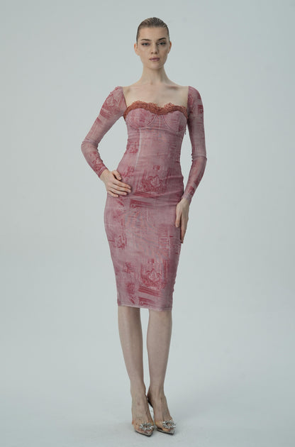Gül Baskılı Uzun Kollu Bodycon Elbise Siaora