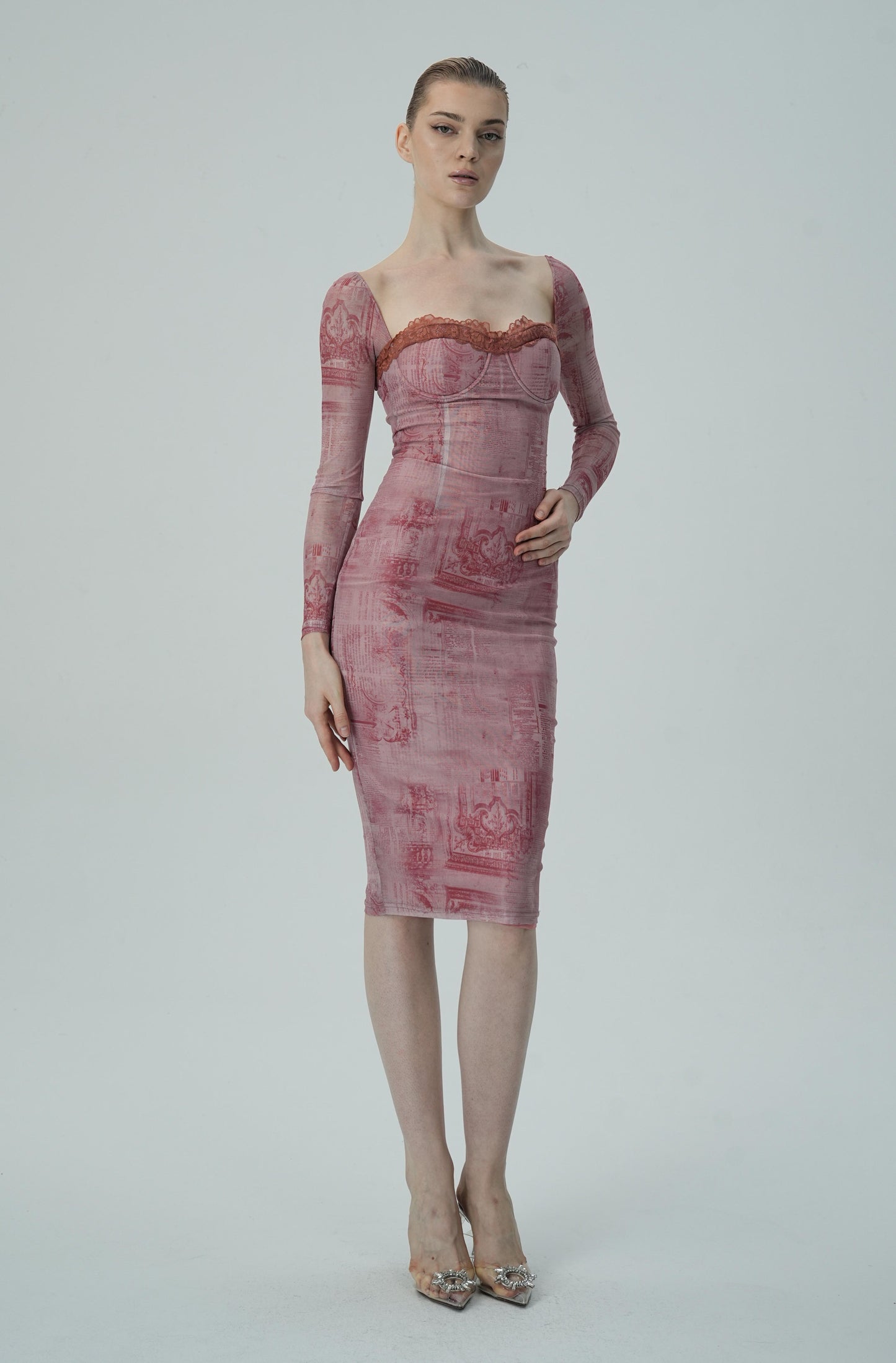 Gül Baskılı Uzun Kollu Bodycon Elbise Siaora