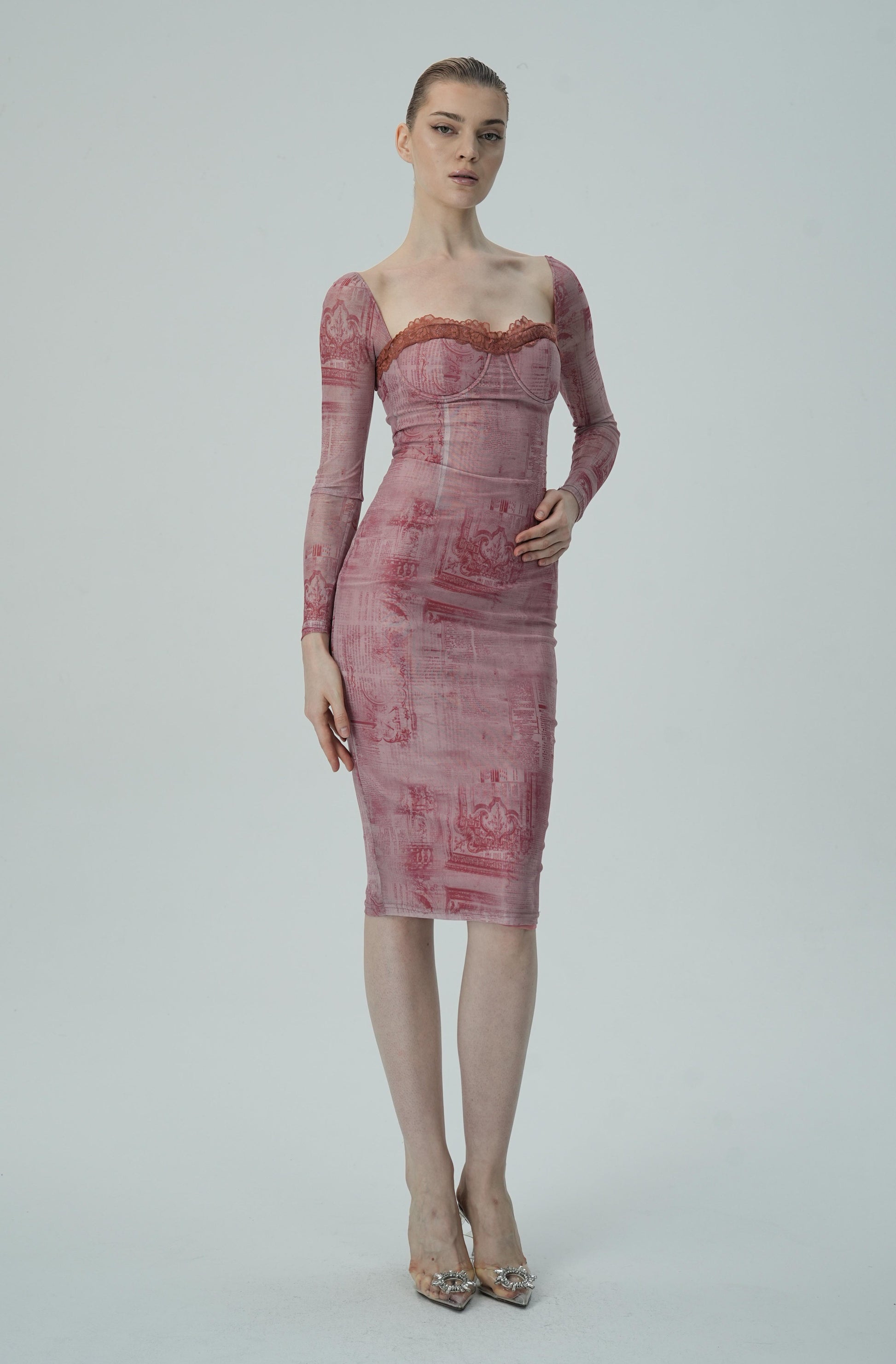 Gül Baskılı Uzun Kollu Bodycon Elbise Siaora