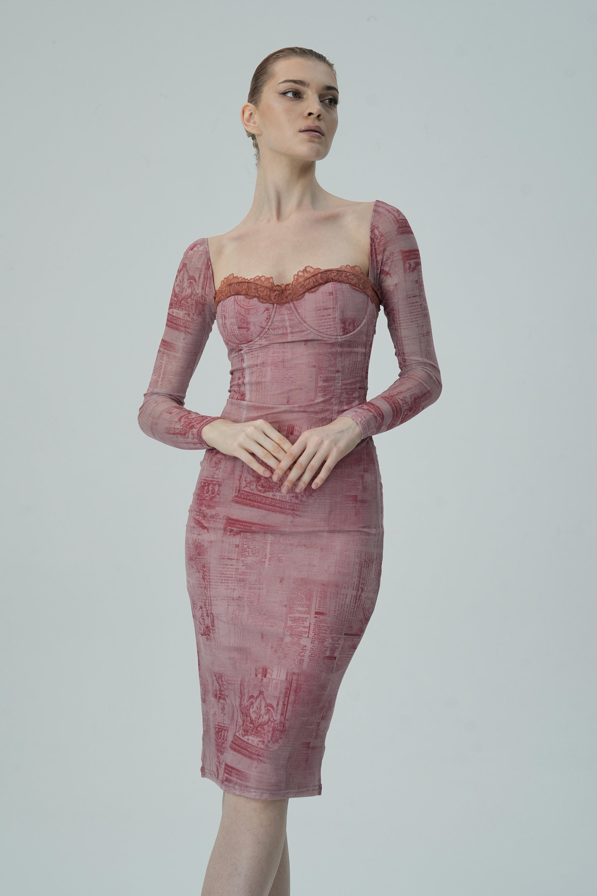 Gül Baskılı Uzun Kollu Bodycon Elbise Siaora