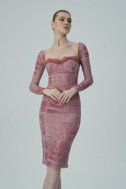 Gül Baskılı Uzun Kollu Bodycon Elbise Siaora