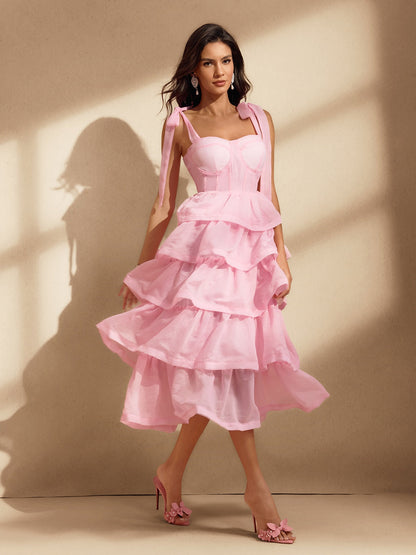 Nedra Bow Ruffle Tiered Midi Dress Li Fu