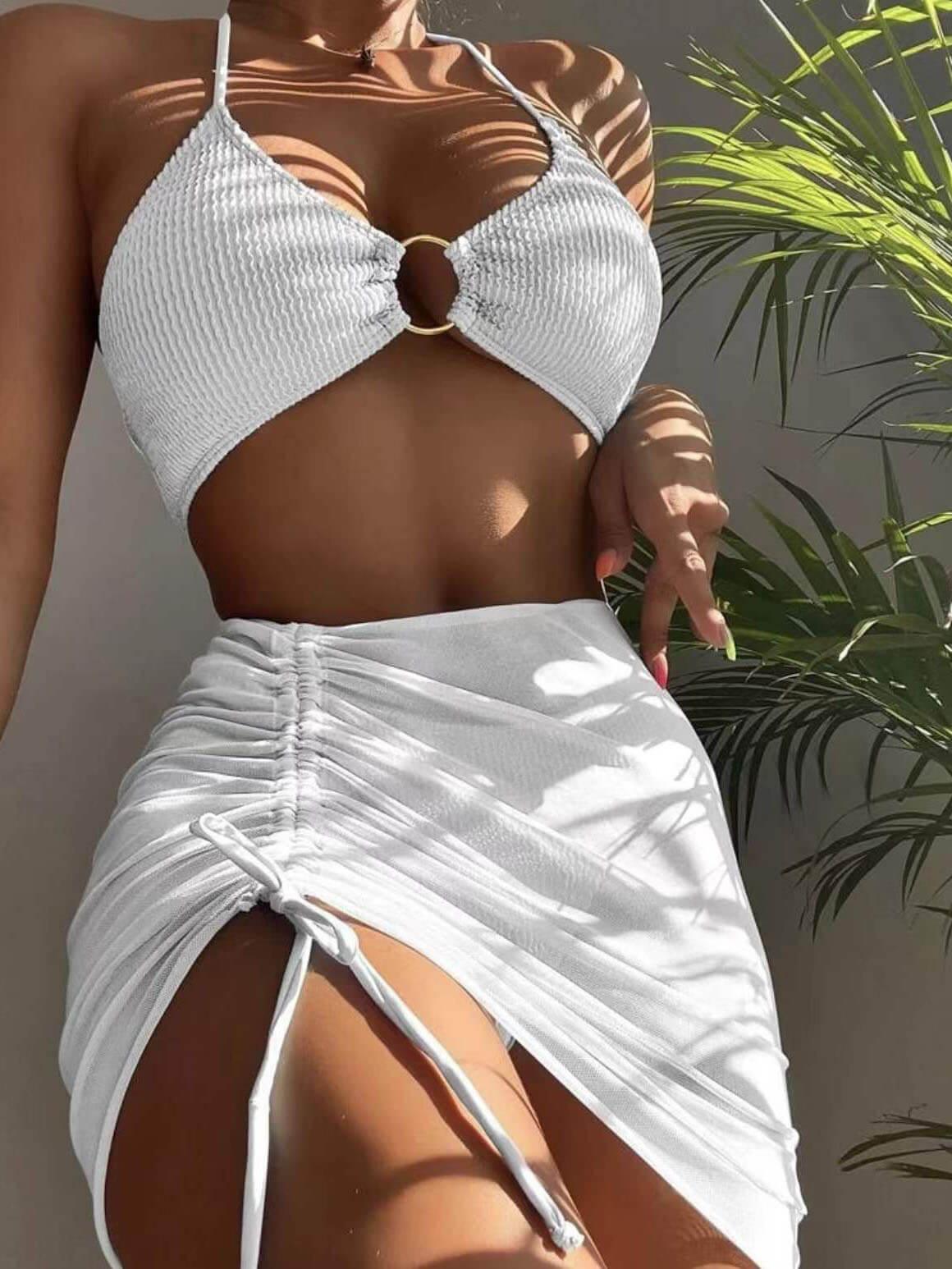 Düz Renk Seksi Halter Yaka Üç Parçalı Mayo Bikini Niebbla