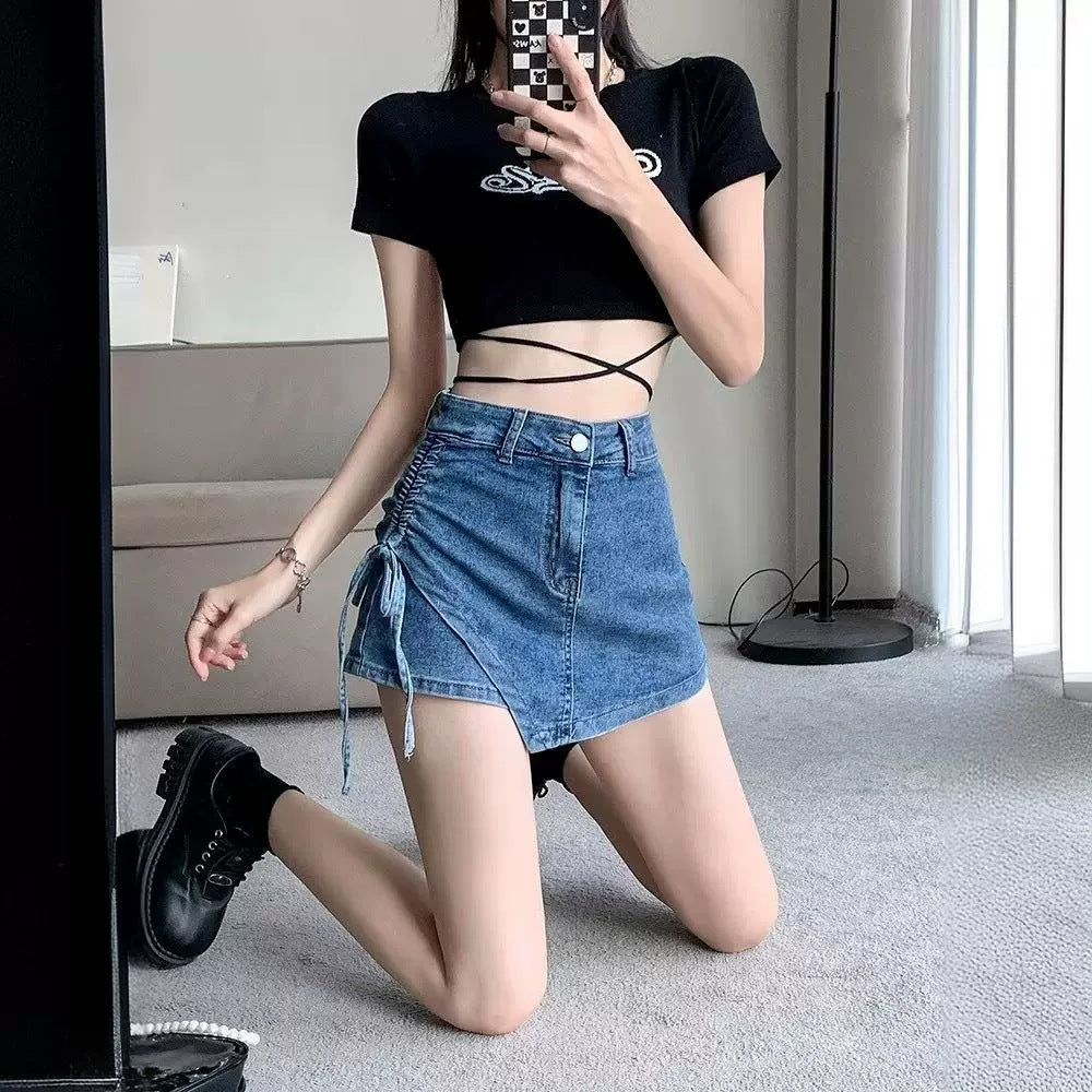 Bağcıklı Asimetrik Kot Etek Niebbla