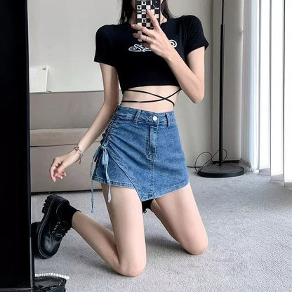 Bağcıklı Asimetrik Kot Etek Niebbla