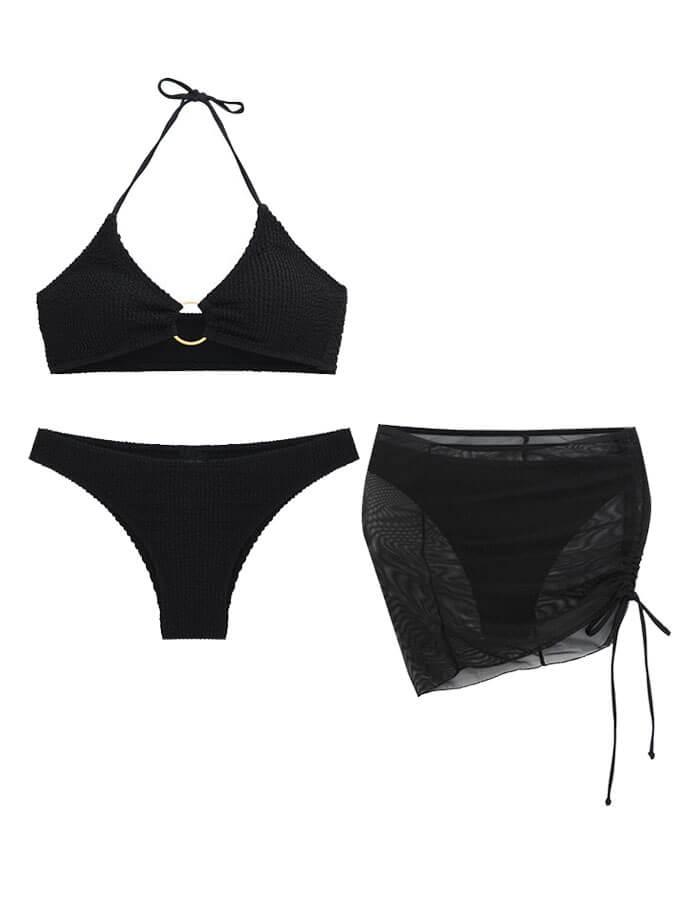 Düz Renk Seksi Halter Yaka Üç Parçalı Mayo Bikini Niebbla