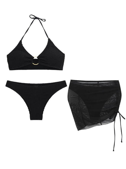 Düz Renk Seksi Halter Yaka Üç Parçalı Mayo Bikini Niebbla