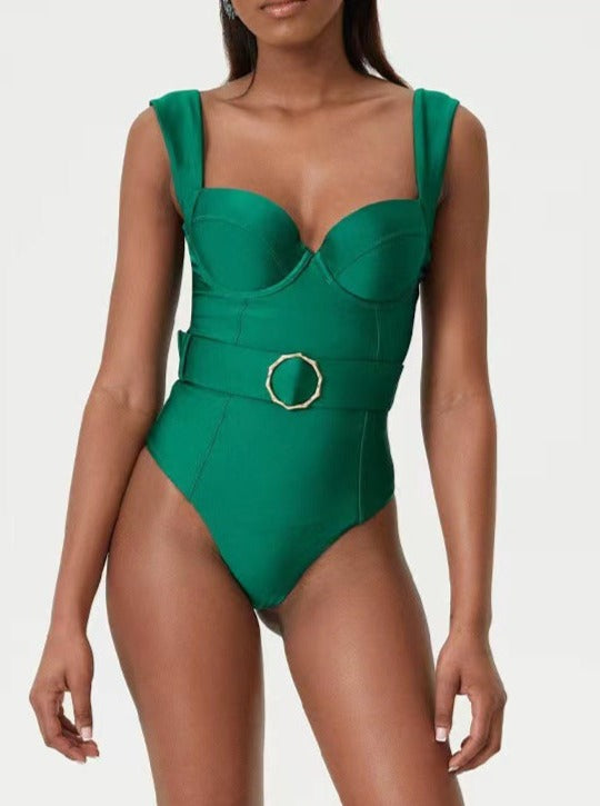 Yeşil V Yaka Askılı Bikini Kuşaklı Yüksek Bel Mayo Siaora