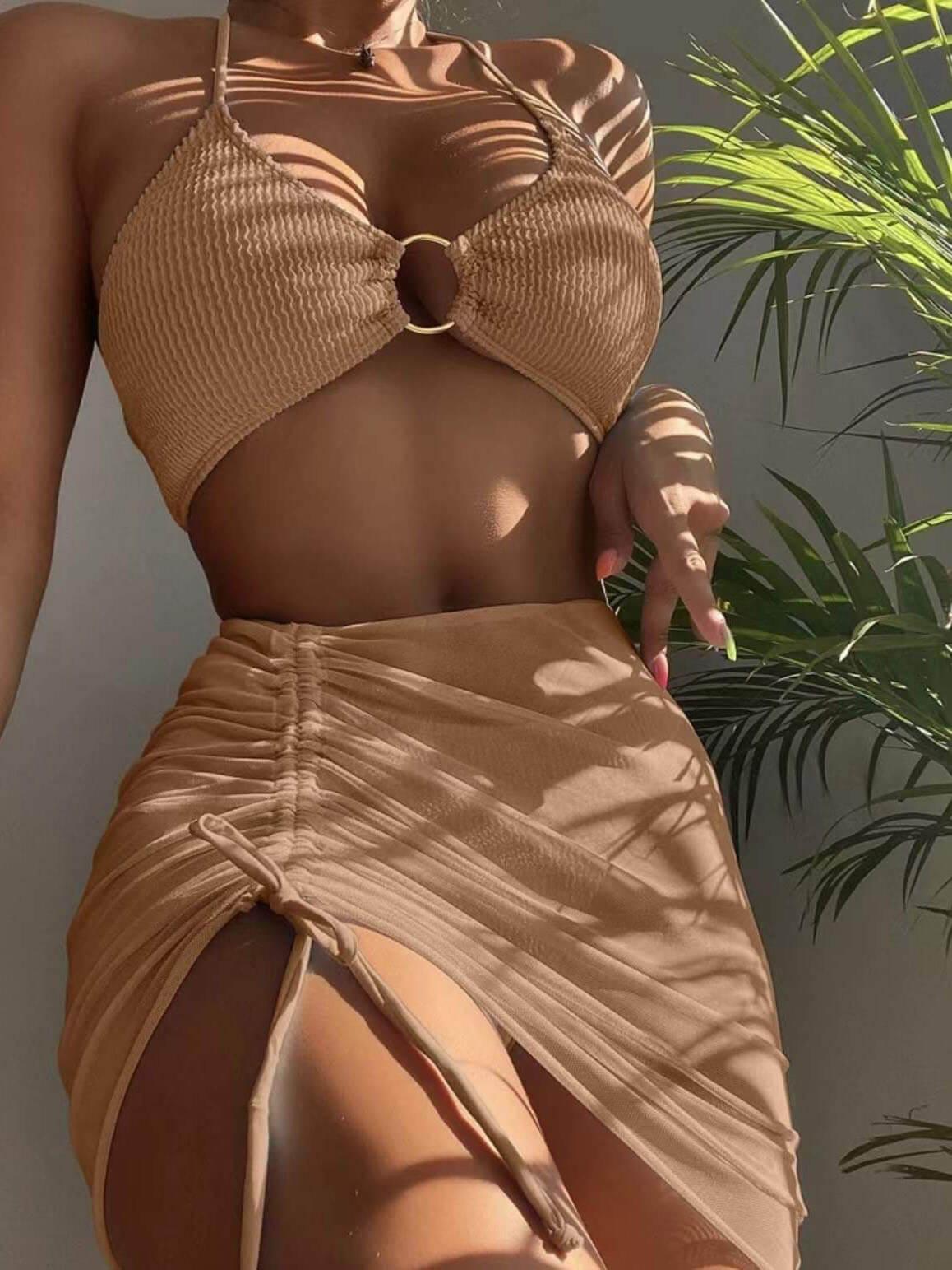 Düz Renk Seksi Halter Yaka Üç Parçalı Mayo Bikini Niebbla