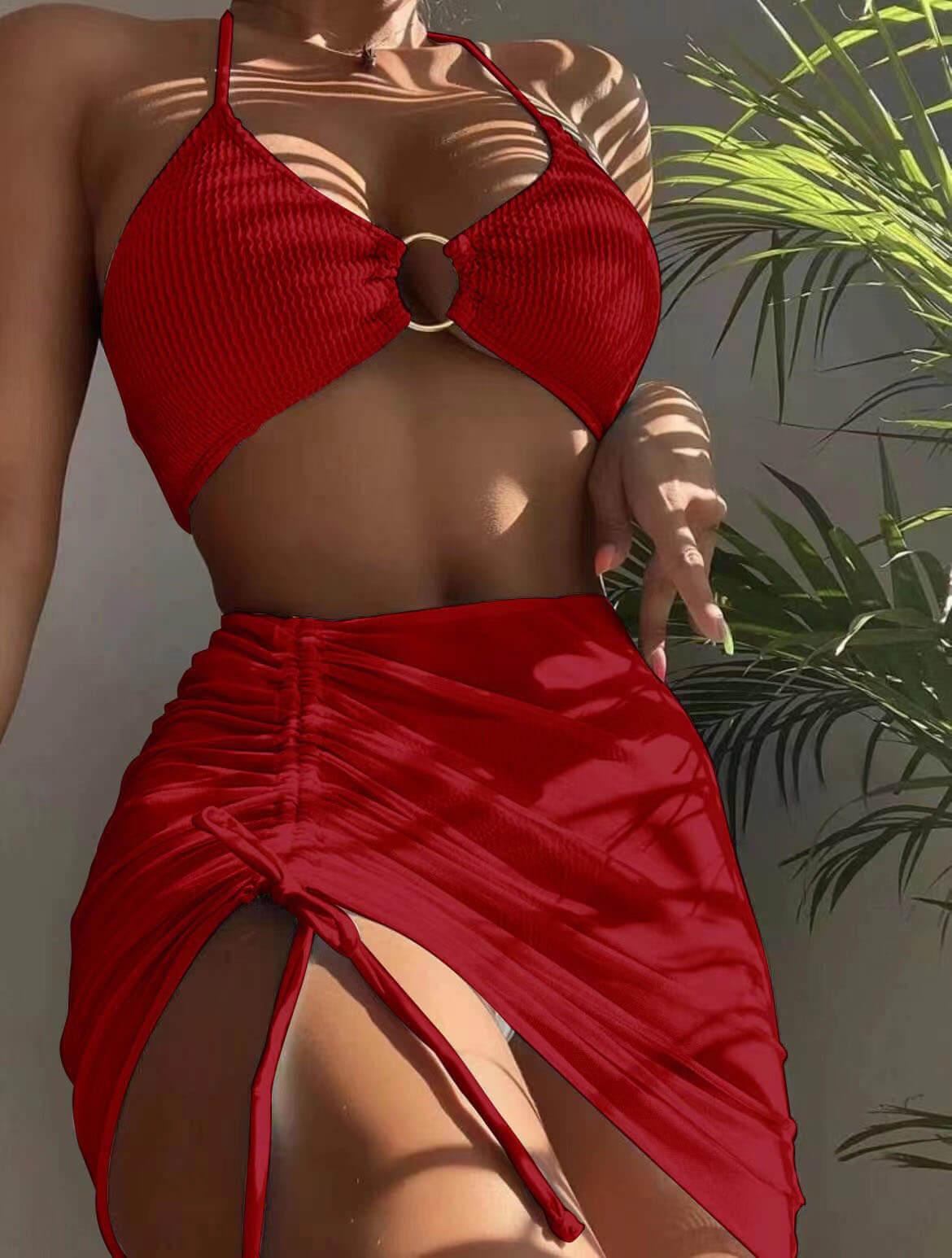 Düz Renk Seksi Halter Yaka Üç Parçalı Mayo Bikini Niebbla