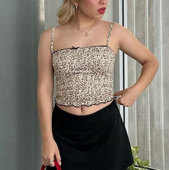 Grecia Leopar Desenli Crop Bluz Siaora