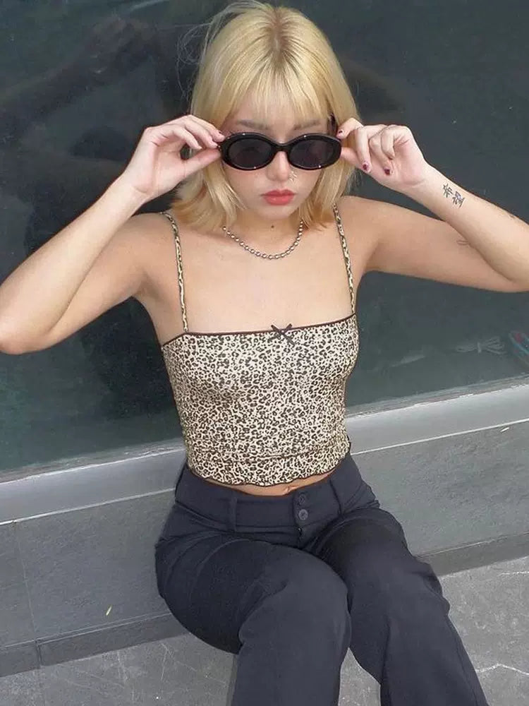 Grecia Leopar Desenli Crop Bluz Siaora