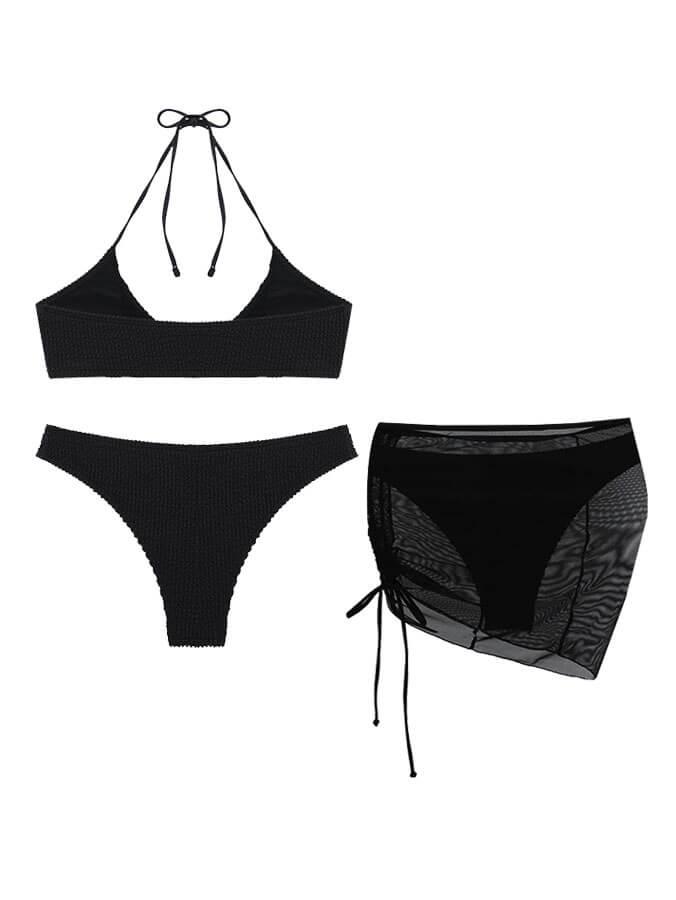 Düz Renk Seksi Halter Yaka Üç Parçalı Mayo Bikini Niebbla