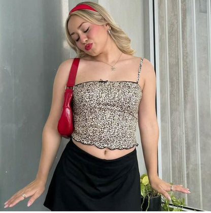 Grecia Leopar Desenli Crop Bluz Siaora