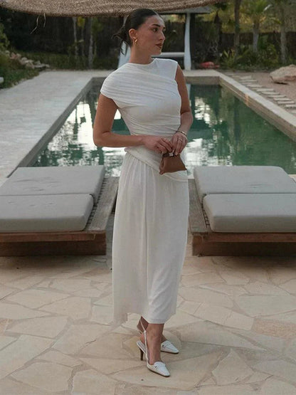Sophia Beyaz Drapeli Midi Elbise Siaora