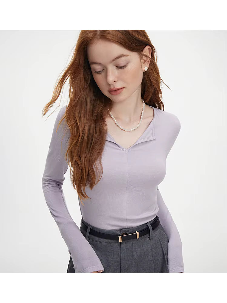 Kadın V Yaka Uzun Kollu Slim Fit Pamuk Kazak Niebbla