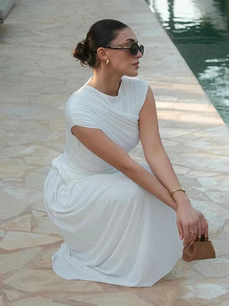 Sophia Beyaz Drapeli Midi Elbise Siaora