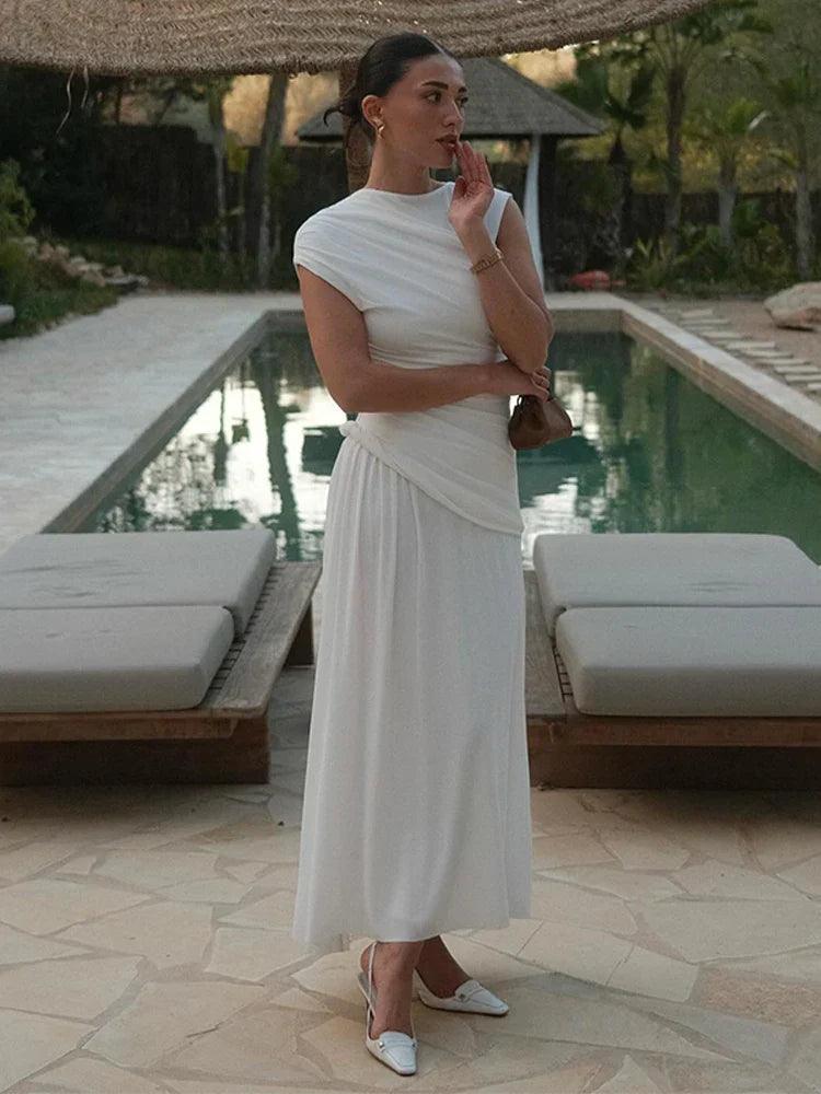 Sophia Beyaz Drapeli Midi Elbise Siaora