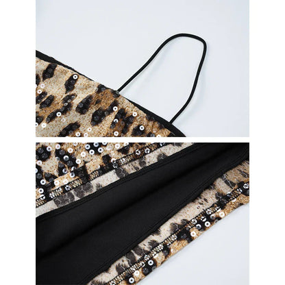 Zelanya - Leopar Desenli Pul Payetli Mini Elbise