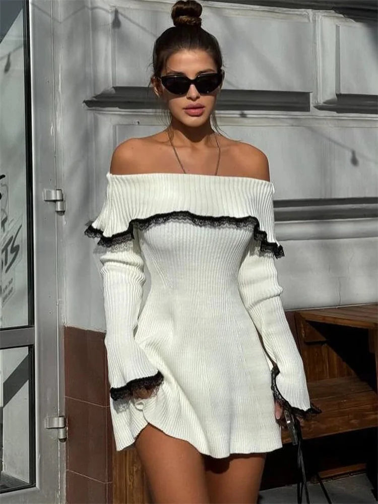 Vesper - Çatlak Dantel Off-Shoulder Mini Elbise Mağazam