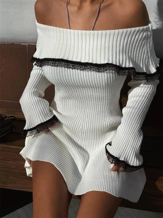 Vesper - Çatlak Dantel Off-Shoulder Mini Elbise Mağazam