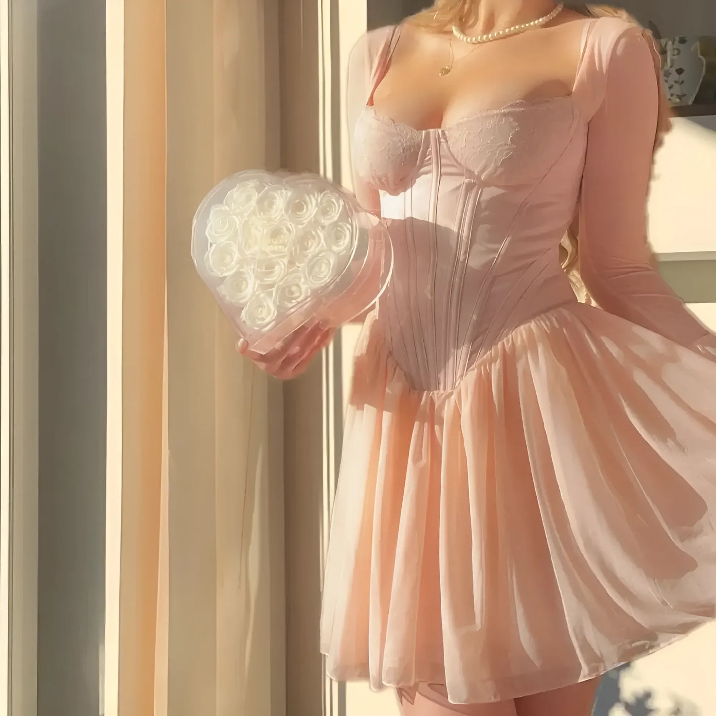 Pinky Uzun Kollu Korse Detay Elbise Niebbla