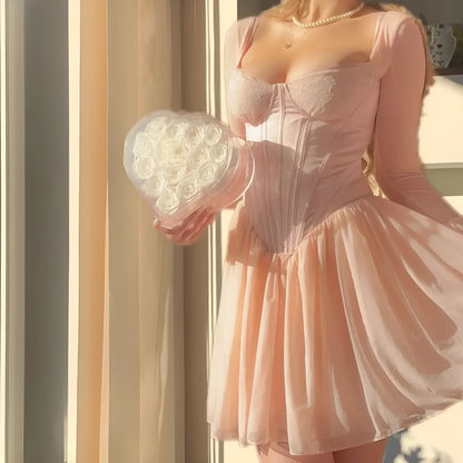 Pinky Uzun Kollu Korse Detay Elbise Niebbla