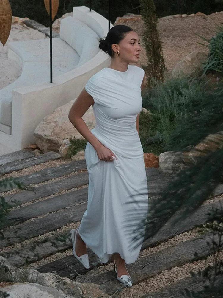 Sophia Beyaz Drapeli Midi Elbise Siaora