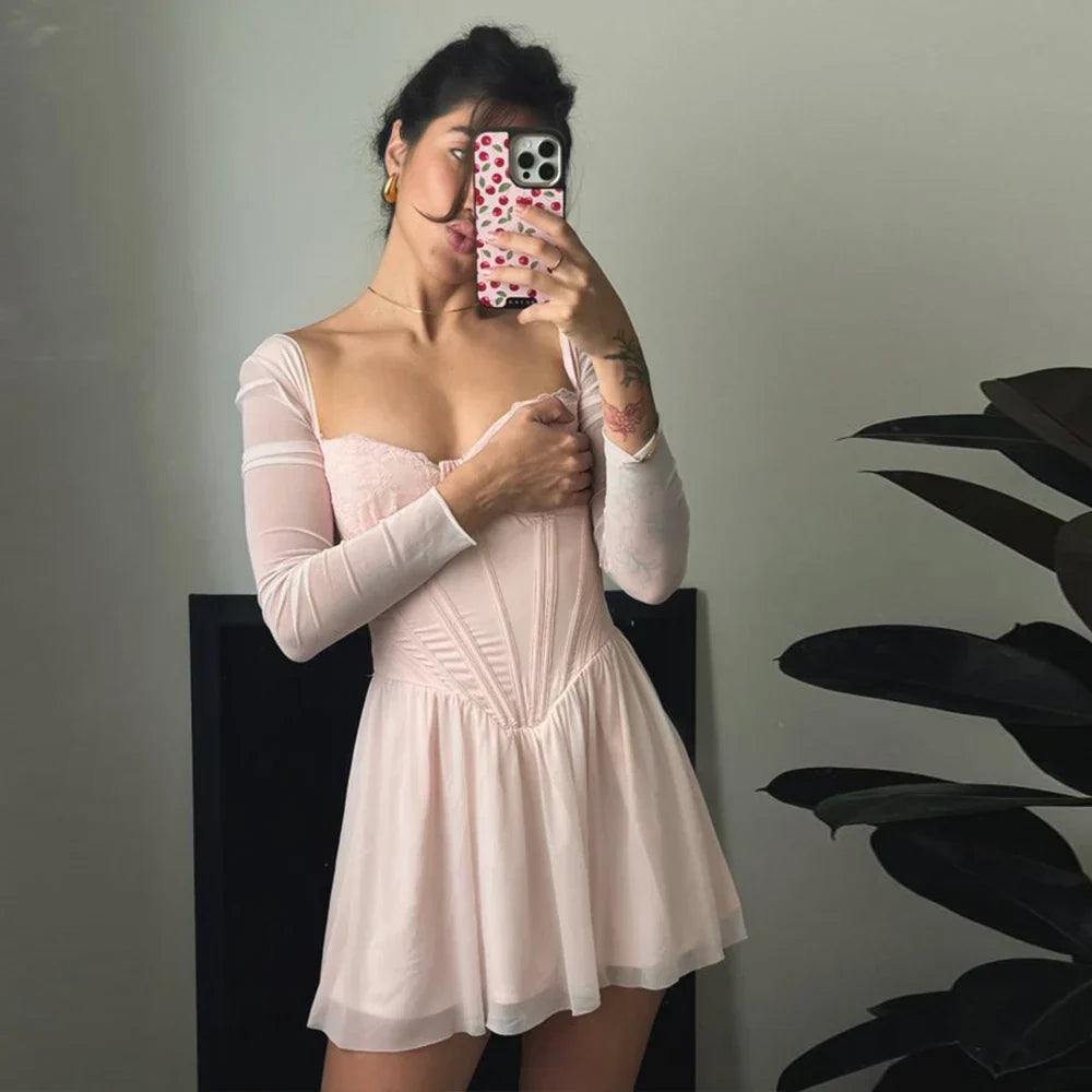 Pinky Uzun Kollu Korse Detay Elbise Niebbla