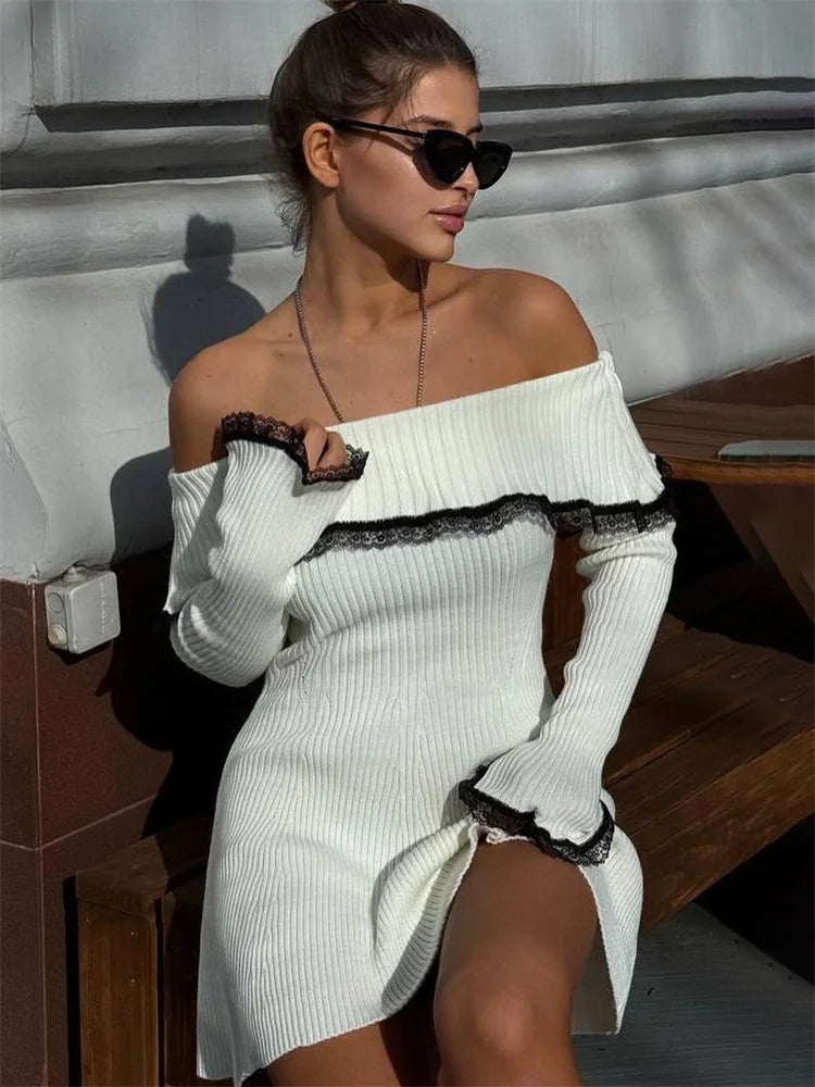 Vesper - Çatlak Dantel Off-Shoulder Mini Elbise Mağazam