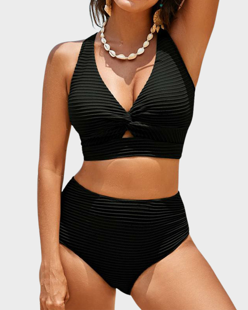Dokulu Düğümlü Ön Yüksek Belli Bikini Takımı Niebbla
