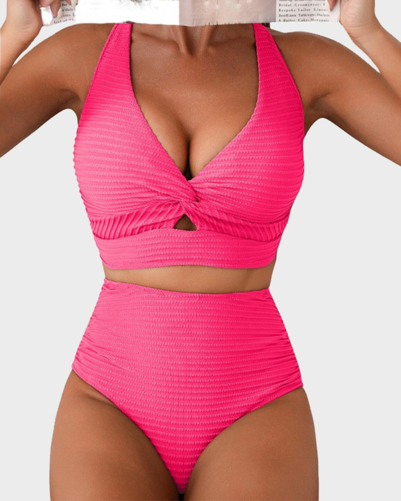 Dokulu Düğümlü Ön Yüksek Belli Bikini Takımı Niebbla