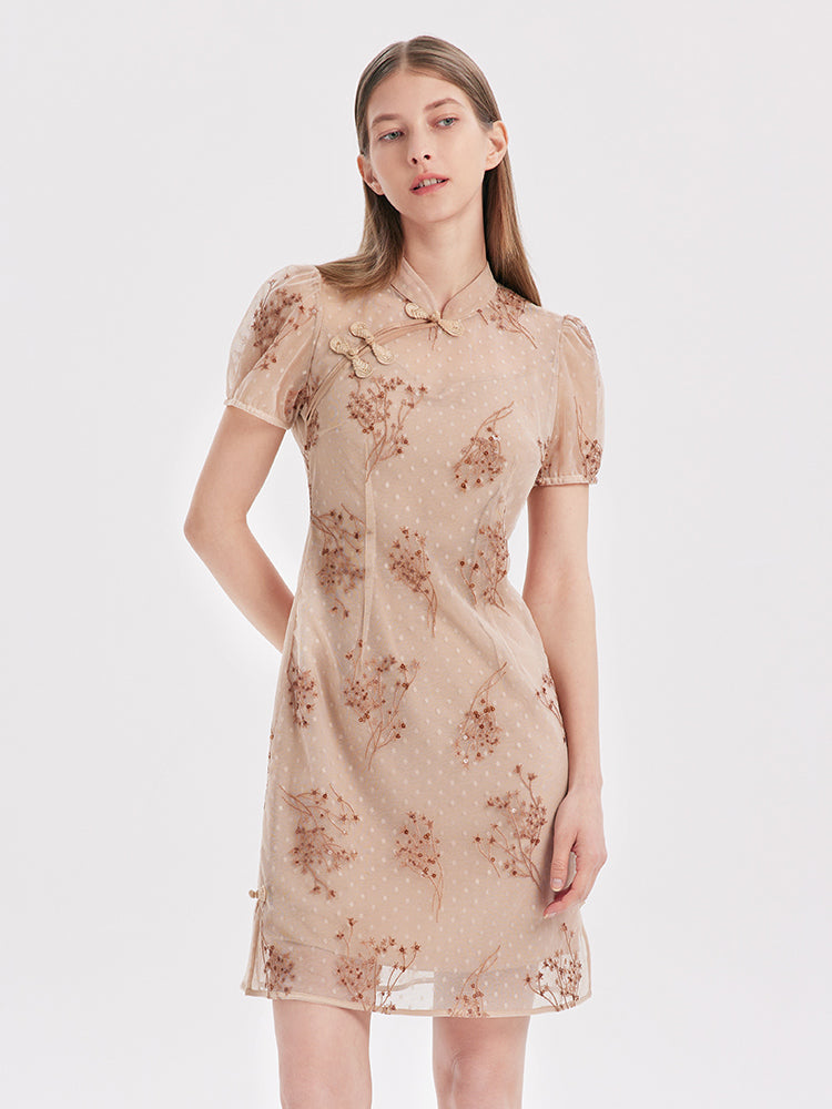 Bej Renkli Nakışlı Çiongşam Qipao Mini Elbise Siaora