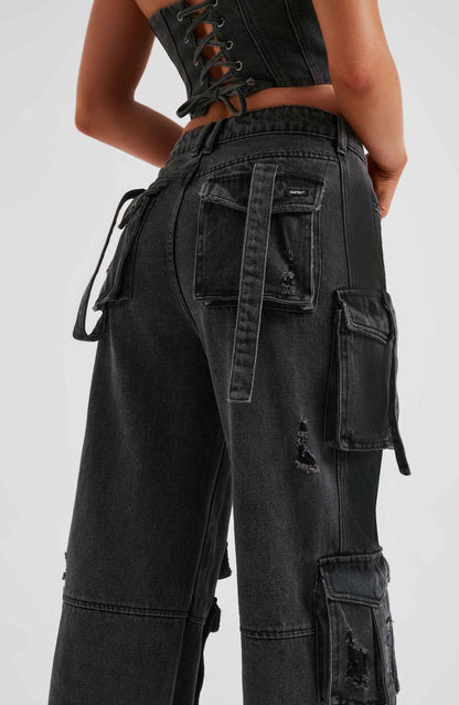 Siyah Cargo Jean Pantolon Niebbla