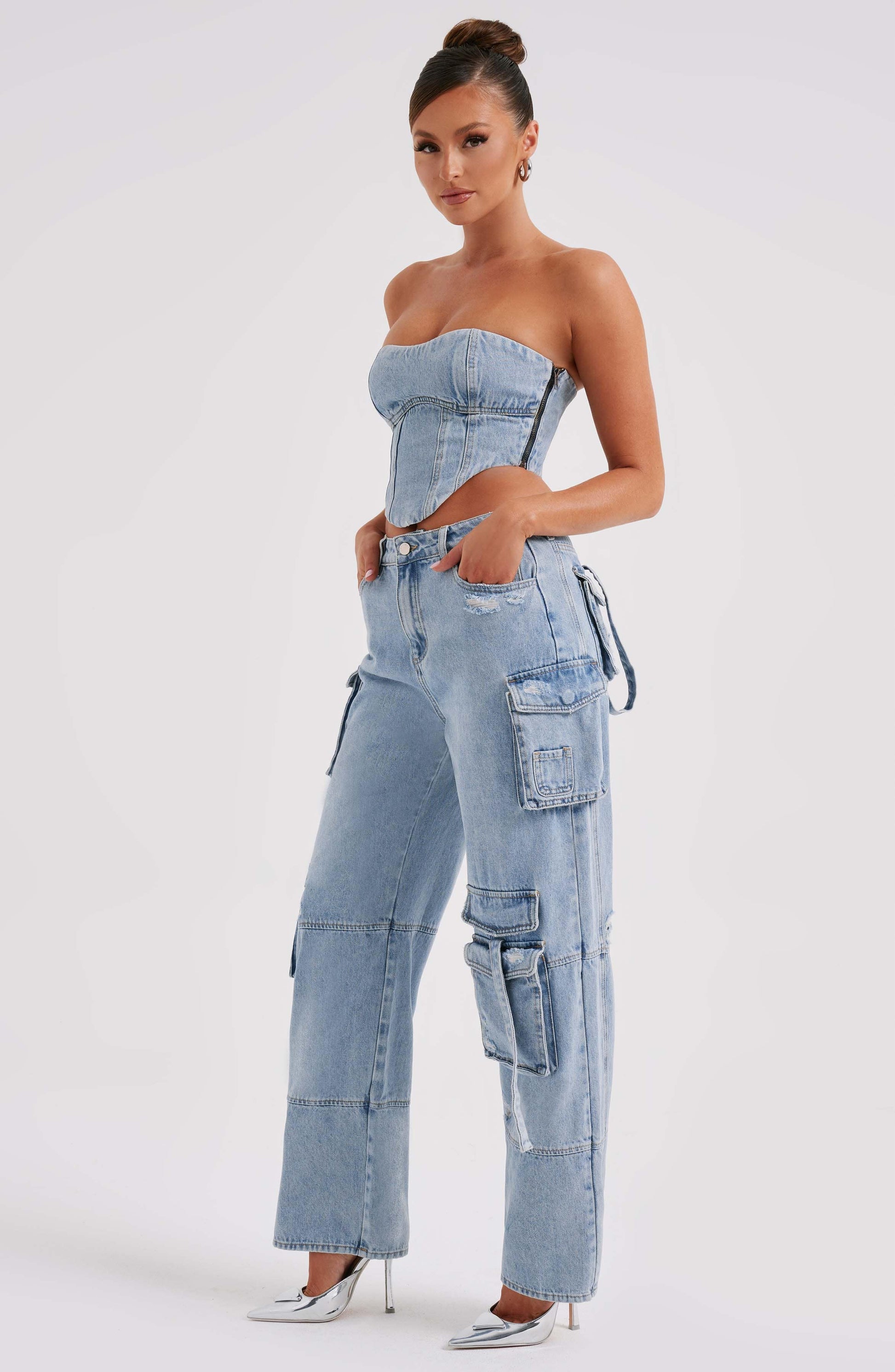 Cepli Bağcıklı Denim Kargo Pantolon Niebbla
