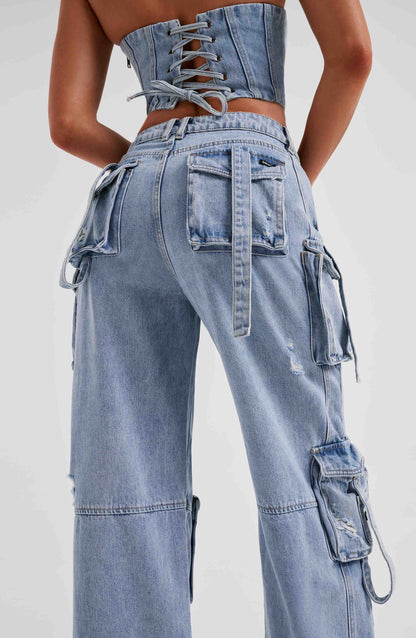 Cepli Bağcıklı Denim Kargo Pantolon Niebbla