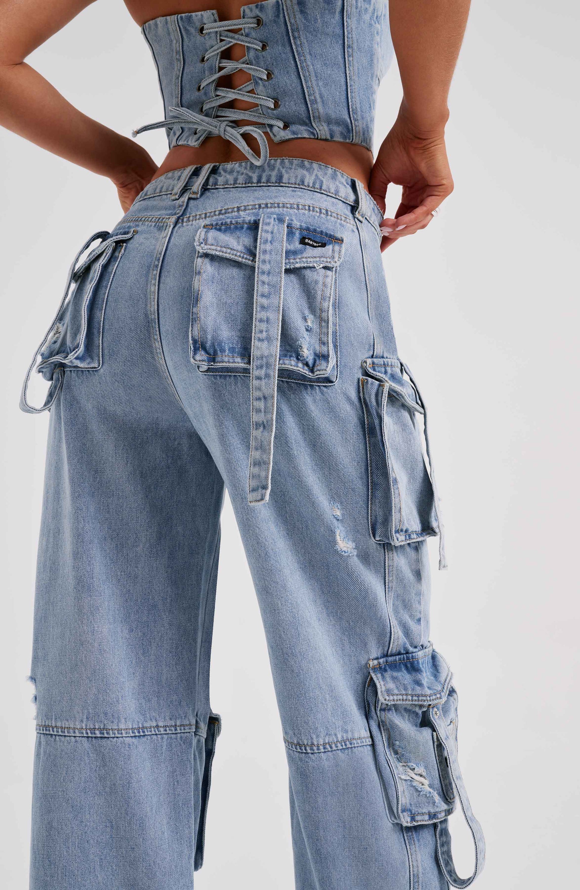 Cepli Bağcıklı Denim Kargo Pantolon Niebbla