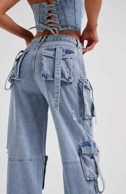 Cepli Bağcıklı Denim Kargo Pantolon Niebbla