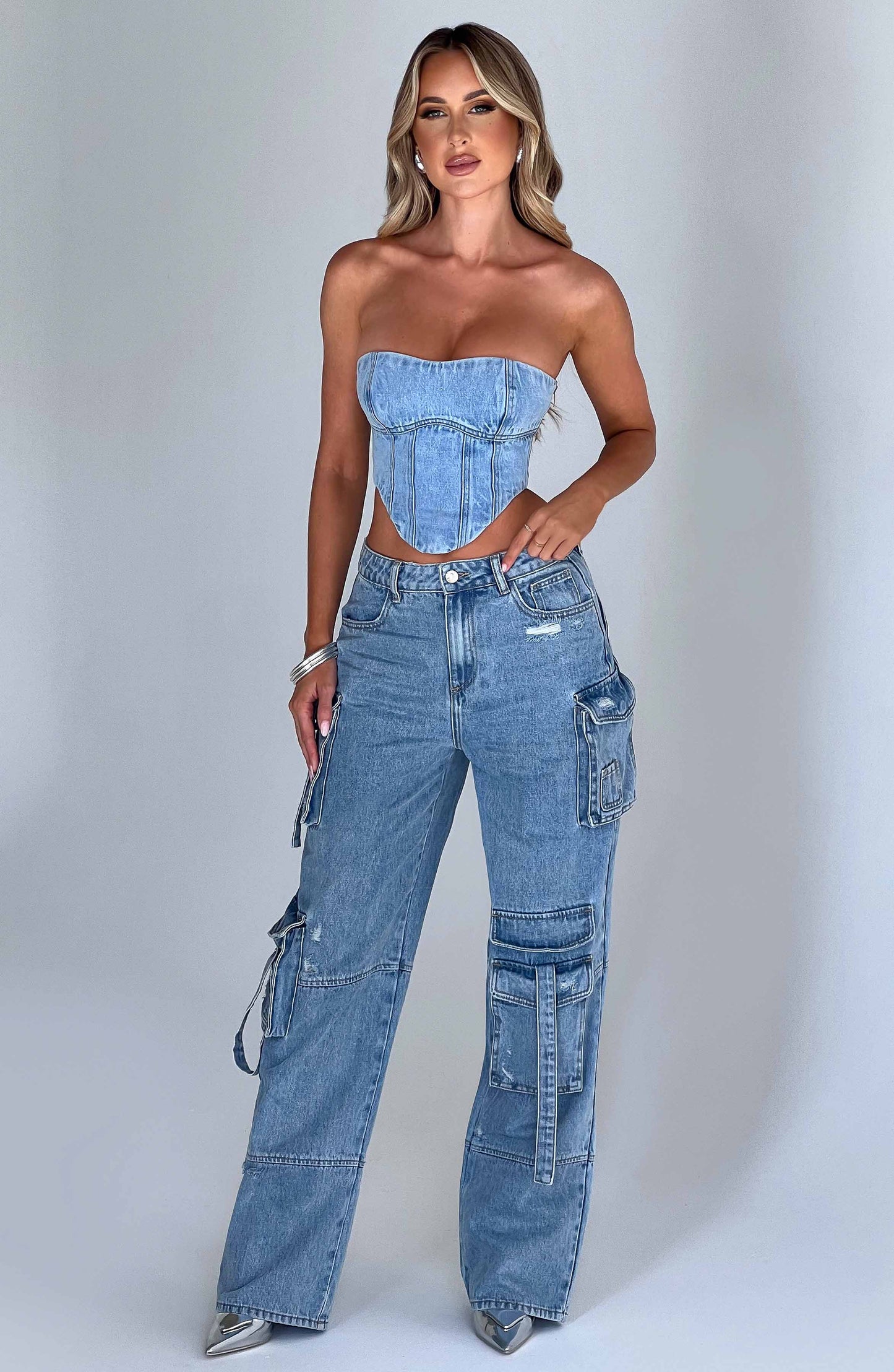 Cepli Bağcıklı Denim Kargo Pantolon Niebbla