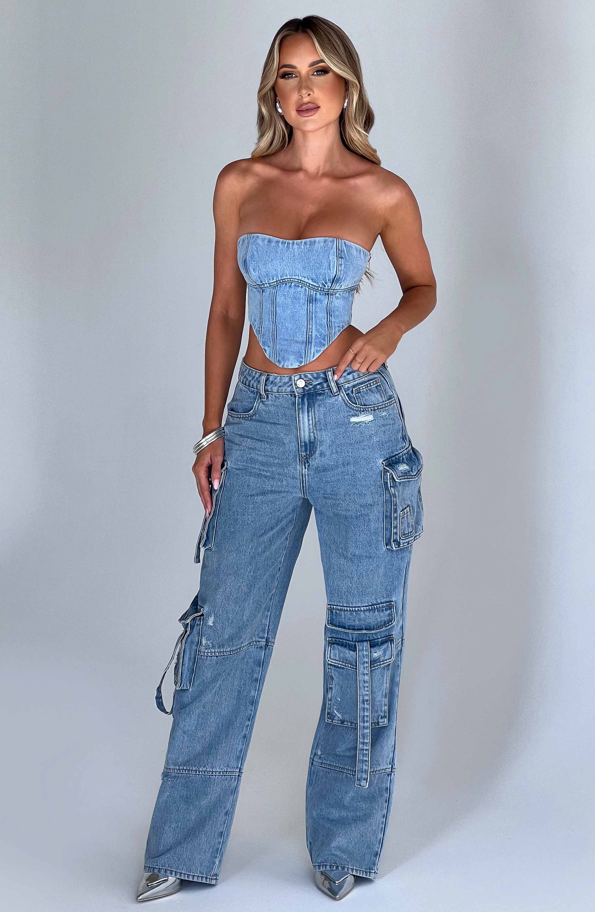 Cepli Bağcıklı Denim Kargo Pantolon Niebbla