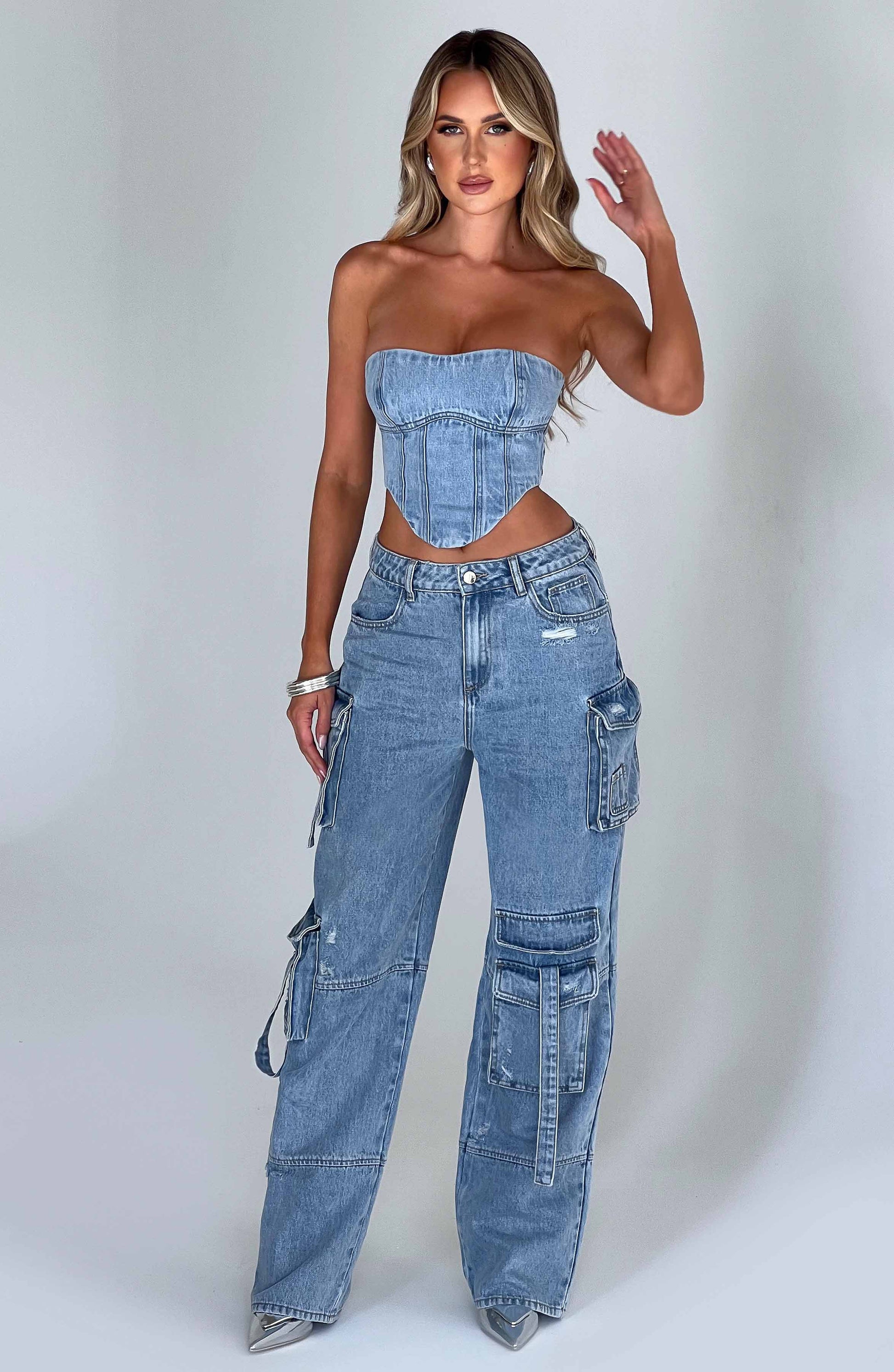 Cepli Bağcıklı Denim Kargo Pantolon Niebbla