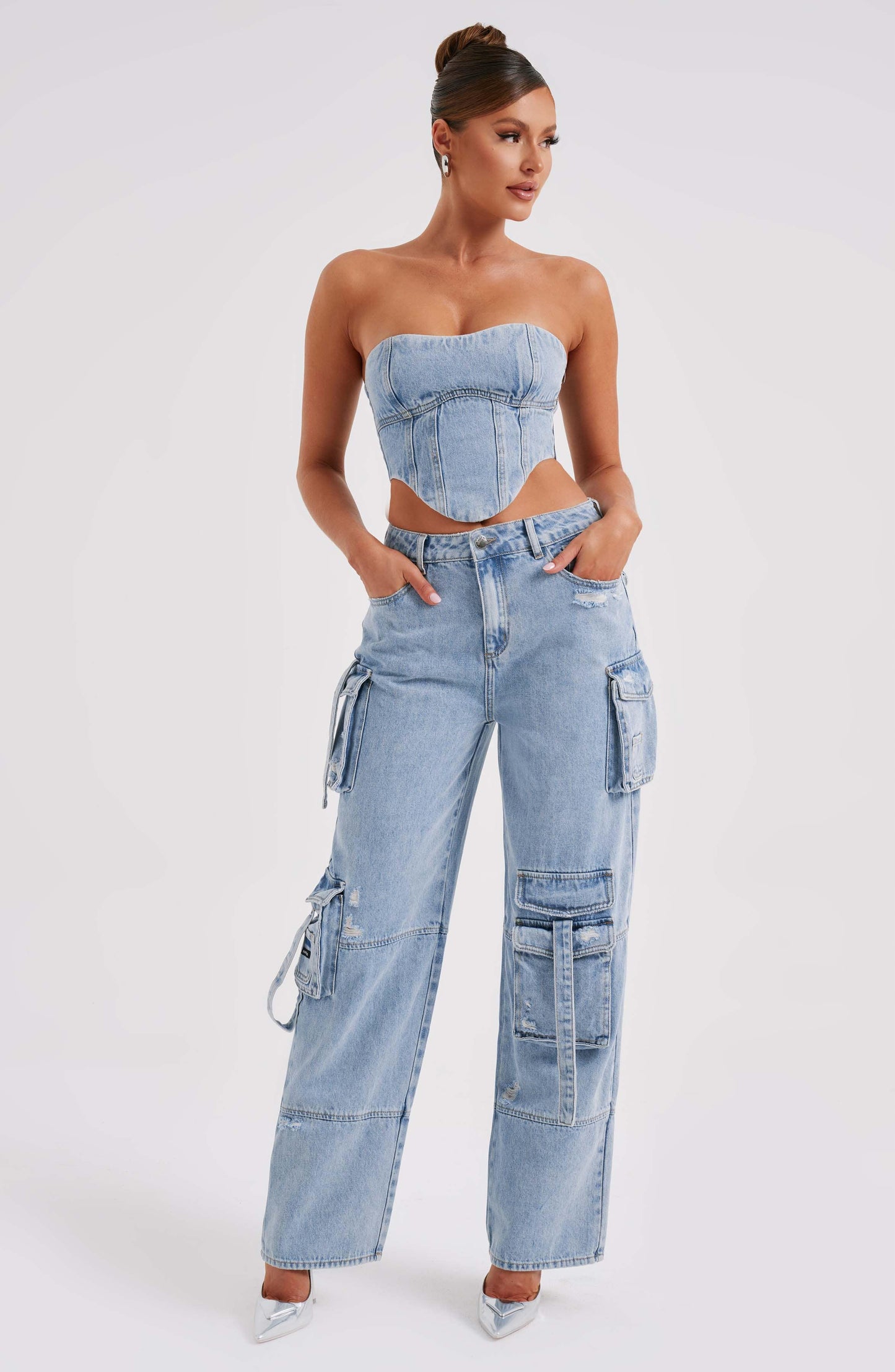 Cepli Bağcıklı Denim Kargo Pantolon Niebbla