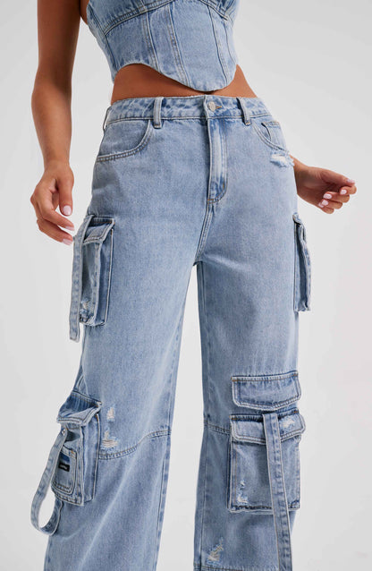 Cepli Bağcıklı Denim Kargo Pantolon Niebbla