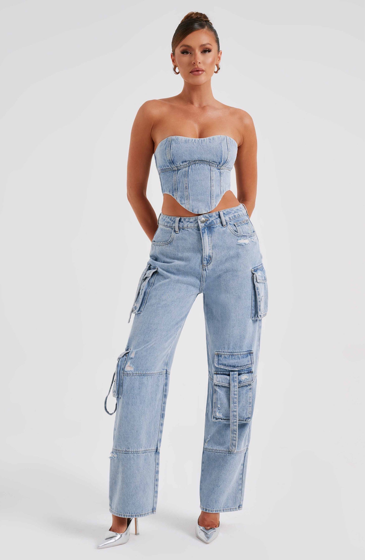 Cepli Bağcıklı Denim Kargo Pantolon Niebbla
