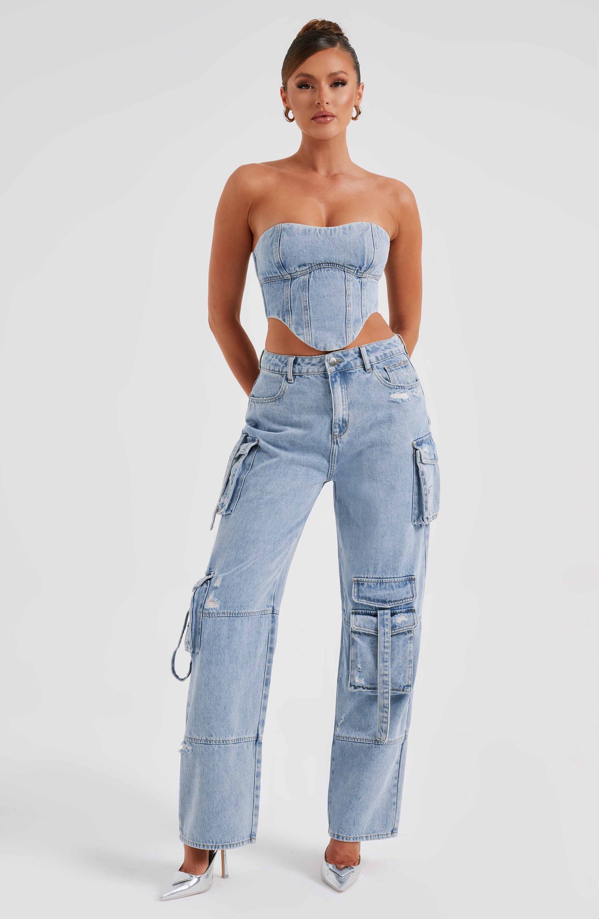 Cepli Bağcıklı Denim Kargo Pantolon Niebbla