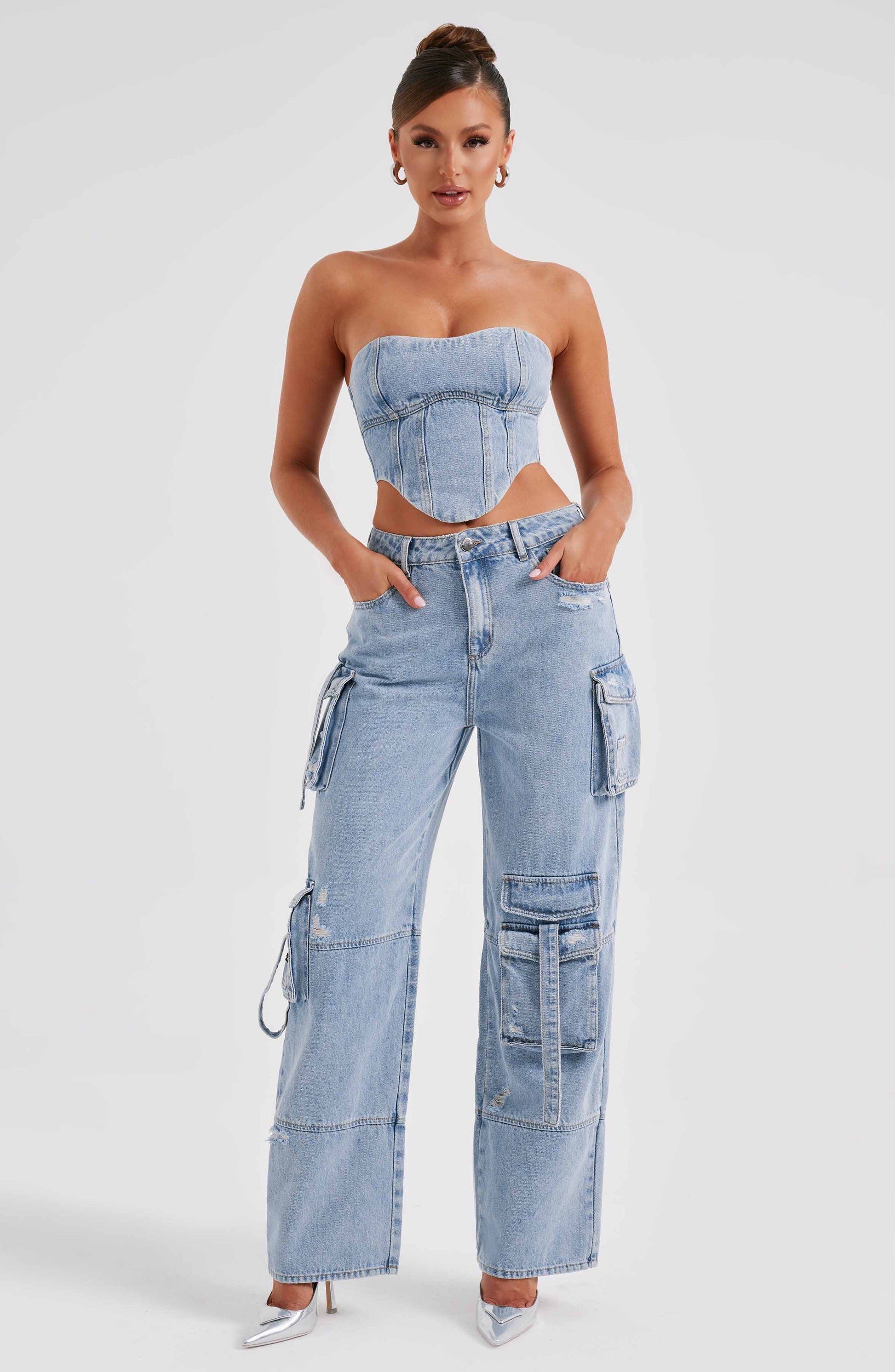 Cepli Bağcıklı Denim Kargo Pantolon Niebbla