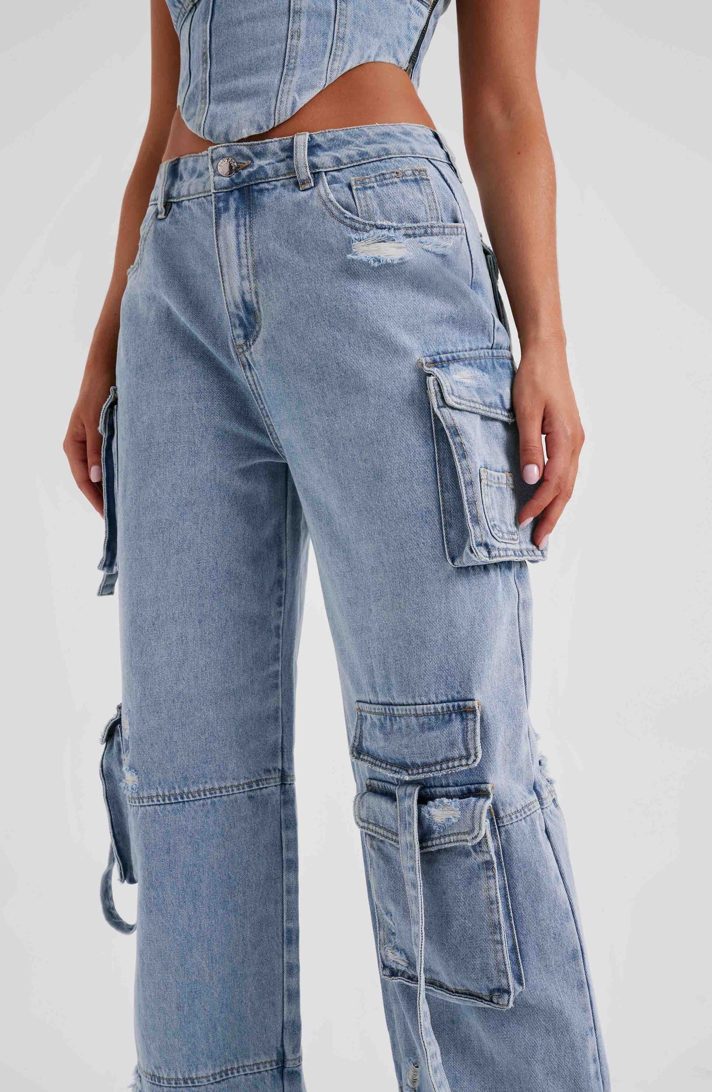 Cepli Bağcıklı Denim Kargo Pantolon Niebbla