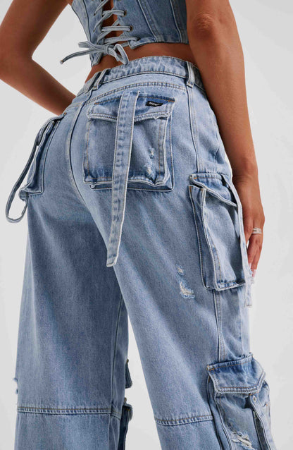 Cepli Bağcıklı Denim Kargo Pantolon Niebbla
