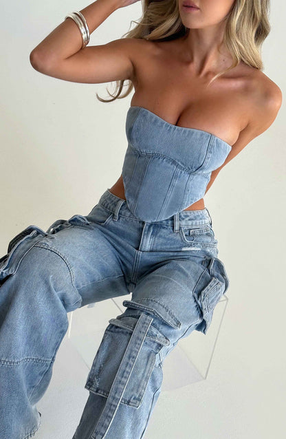 Cepli Bağcıklı Denim Kargo Pantolon Niebbla